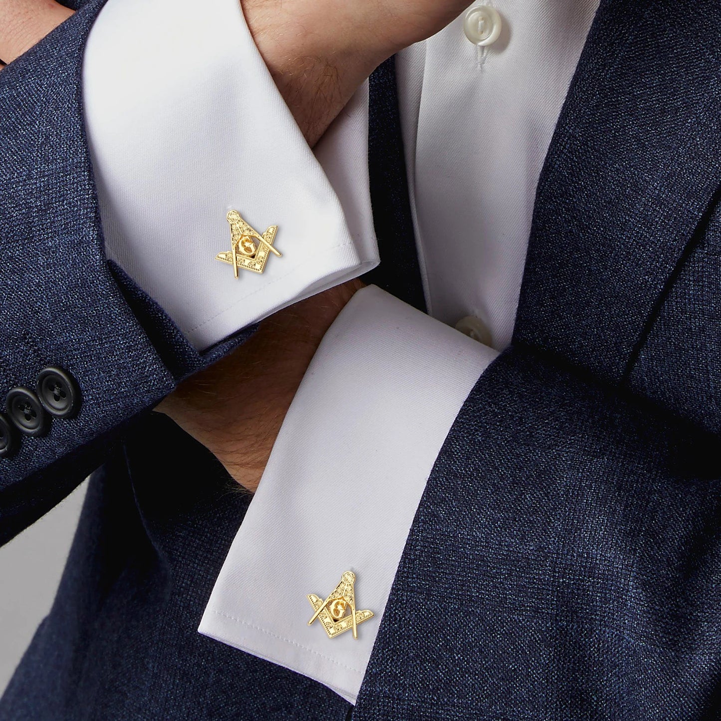 Mens Freemason Cufflinks 18K Gold Plated Square Compass Symbol with Black Blue Enamel and Crystal Rhinestones Gifts for Masonic