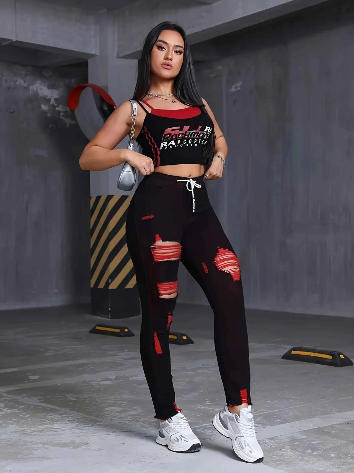 Women's Stretch Jeans Elastic Waist Drawstring Elegant Distressed Red Skinny Personalized Designer Style Suitable for All Seaso