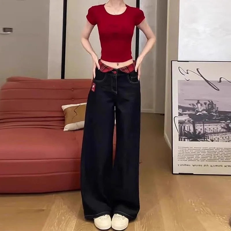 2025 New Long Jeans Sweet American Hot Girls Embroidered Jeans Cute Women's Black Straight High Waist Wide Legs