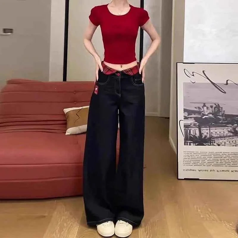 2025 New Long Jeans Sweet American Hot Girls Embroidered Jeans Cute Women's Black Straight High Waist Wide Legs