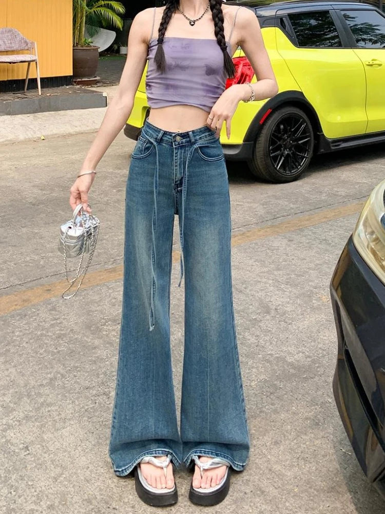 2026 Spring Summer New Women's High Quality Stretchy Jeans High Waist Drawstring Loose Floor-Length Flared Pants