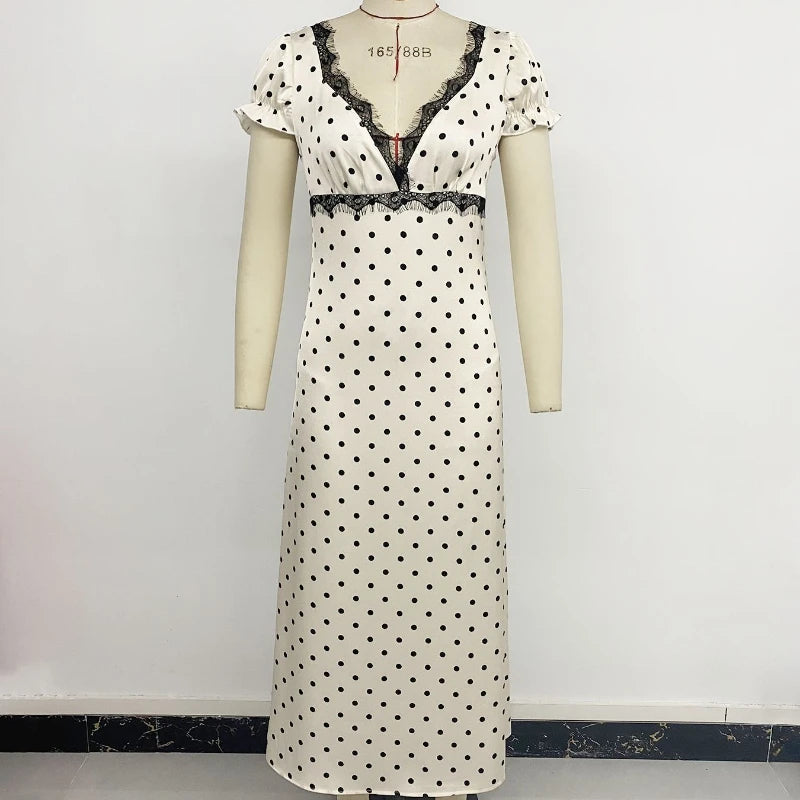 Women's Summer French Vintage Polka Dot Dress Sexy V Neck Lace Trim Short Sleeve Long Maxi Dress Vacation Beach Outfit 2026