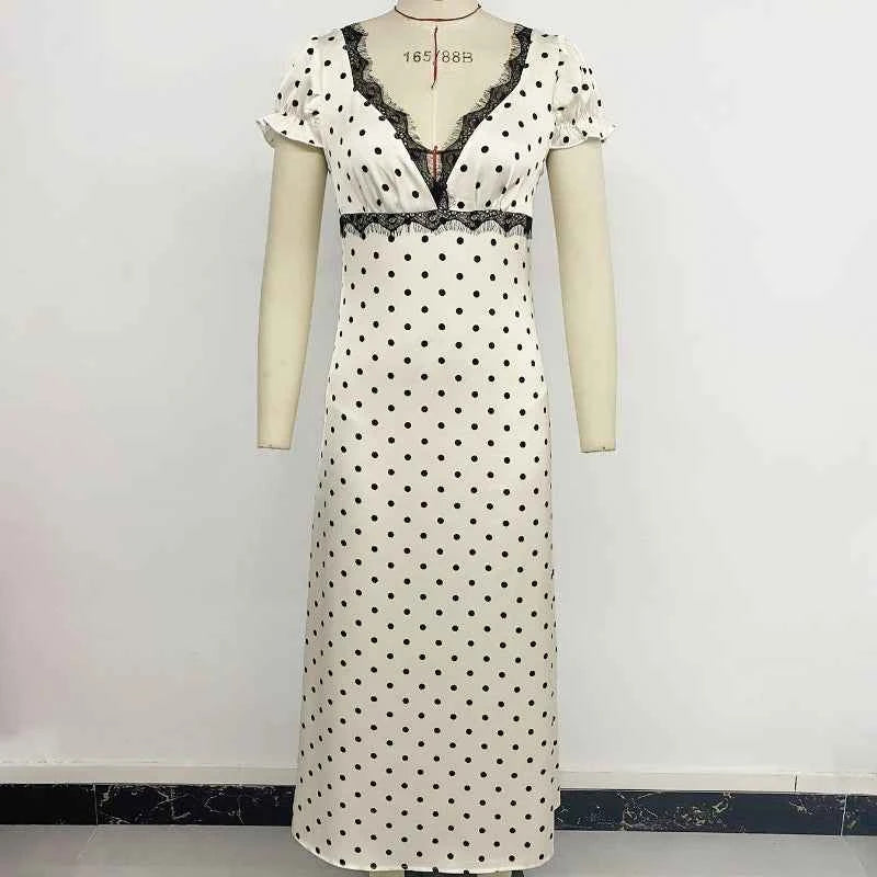 Women's Summer French Vintage Polka Dot Dress Sexy V Neck Lace Trim Short Sleeve Long Maxi Dress Vacation Beach Outfit 2026