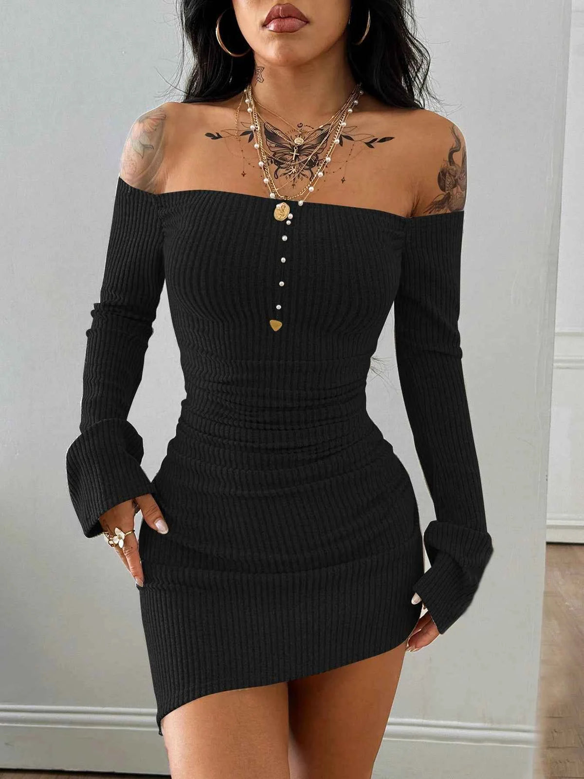 Elegant Solid Color Knitted Off-Shoulder Slim Asymmetrical Dress for Ladies Fashionable Casual Maxi Length A-Line Gown
