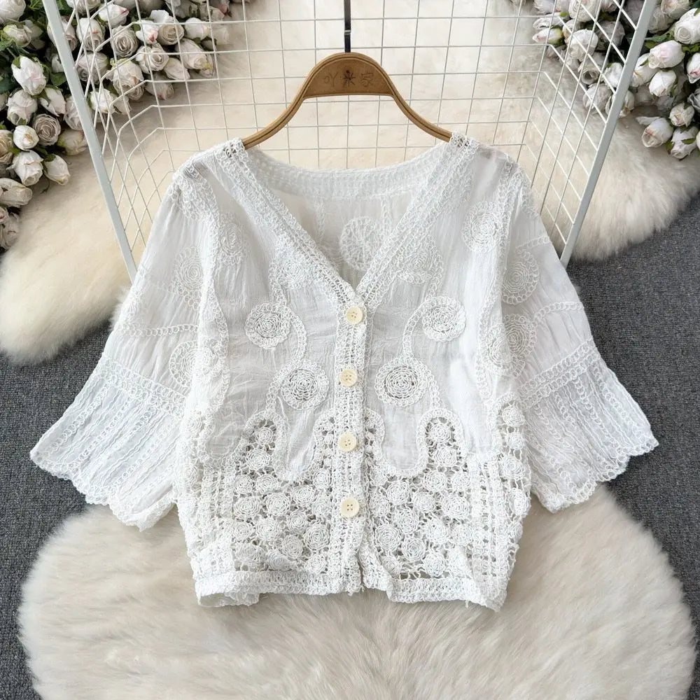 Embroidered Paisley Button-up Shirt Blouse Women's Cropchet Hollow-out Open-stitch Beach Cover-up
