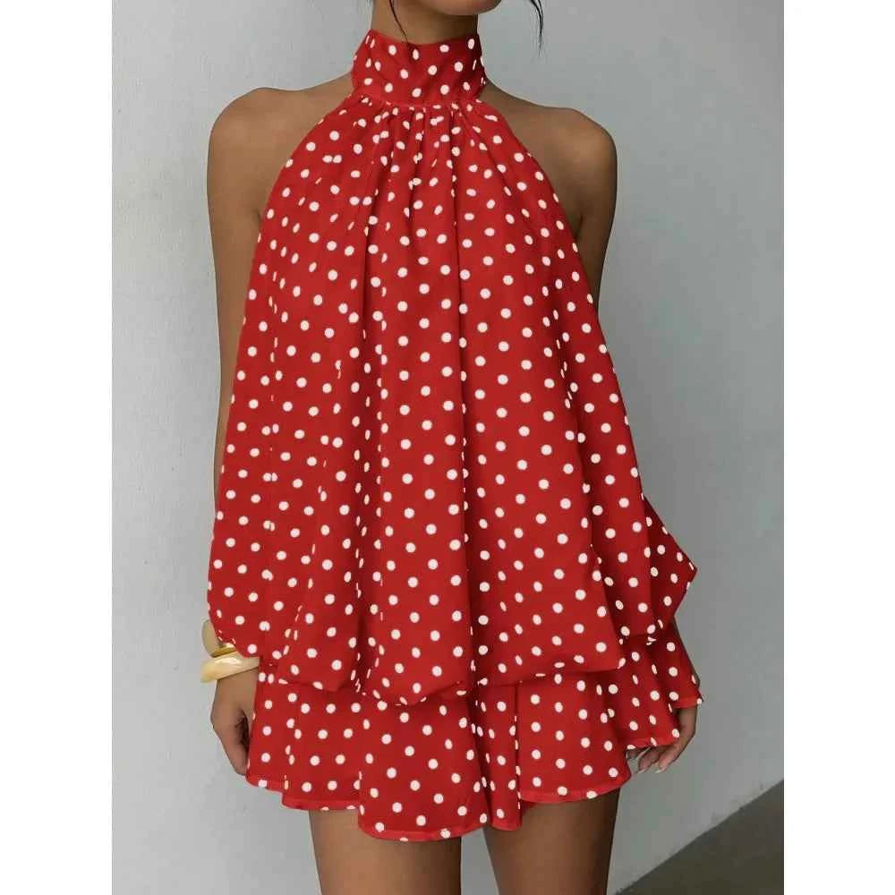 Women White Black Polka Dot Halter Mini Dress Summer Sleeveless Ruffle Tiered Short Dress Elegant Party Clubwear A-Line Vestidos