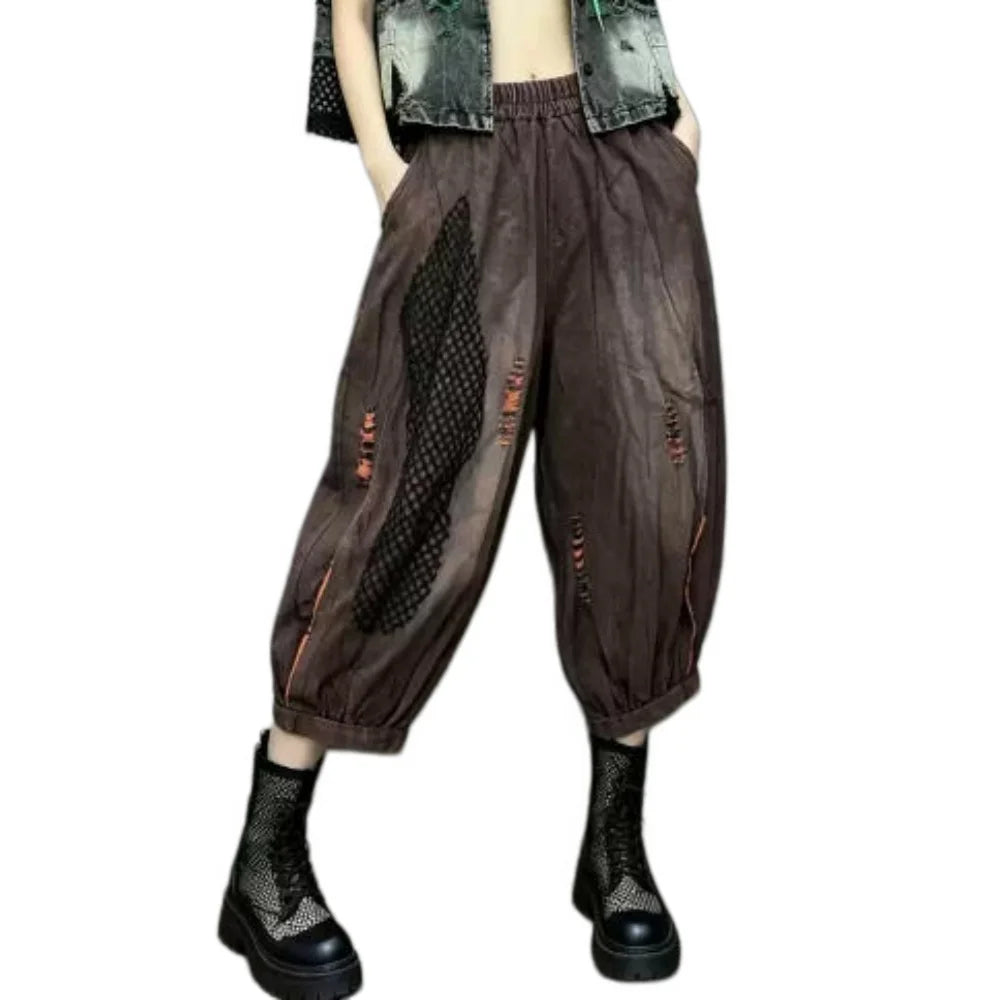 Trendy Cool Thin Denim Jeans Patchwork Mesh Wide-leg Pants Women Summer Loose Fashion Pant LX5815