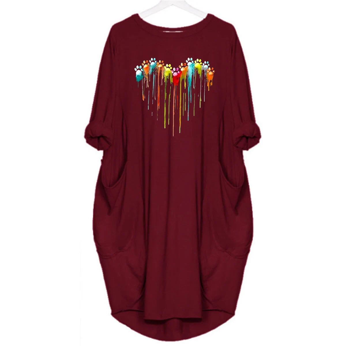 Women's Spring and Summer Footprint Heart Printed Casual Fashion Loose Large Size Long Sleeve Pocket Dress
