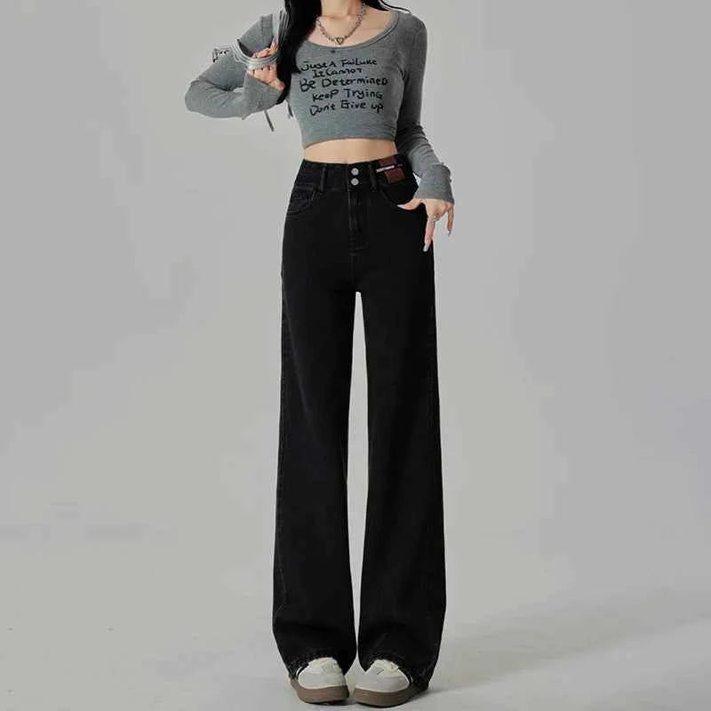 Women's Narrow Cut Wide Leg Jeans With High Waist And Hanging Feeling Straight Leg Casual Look Slim Contrasting Colors Pants