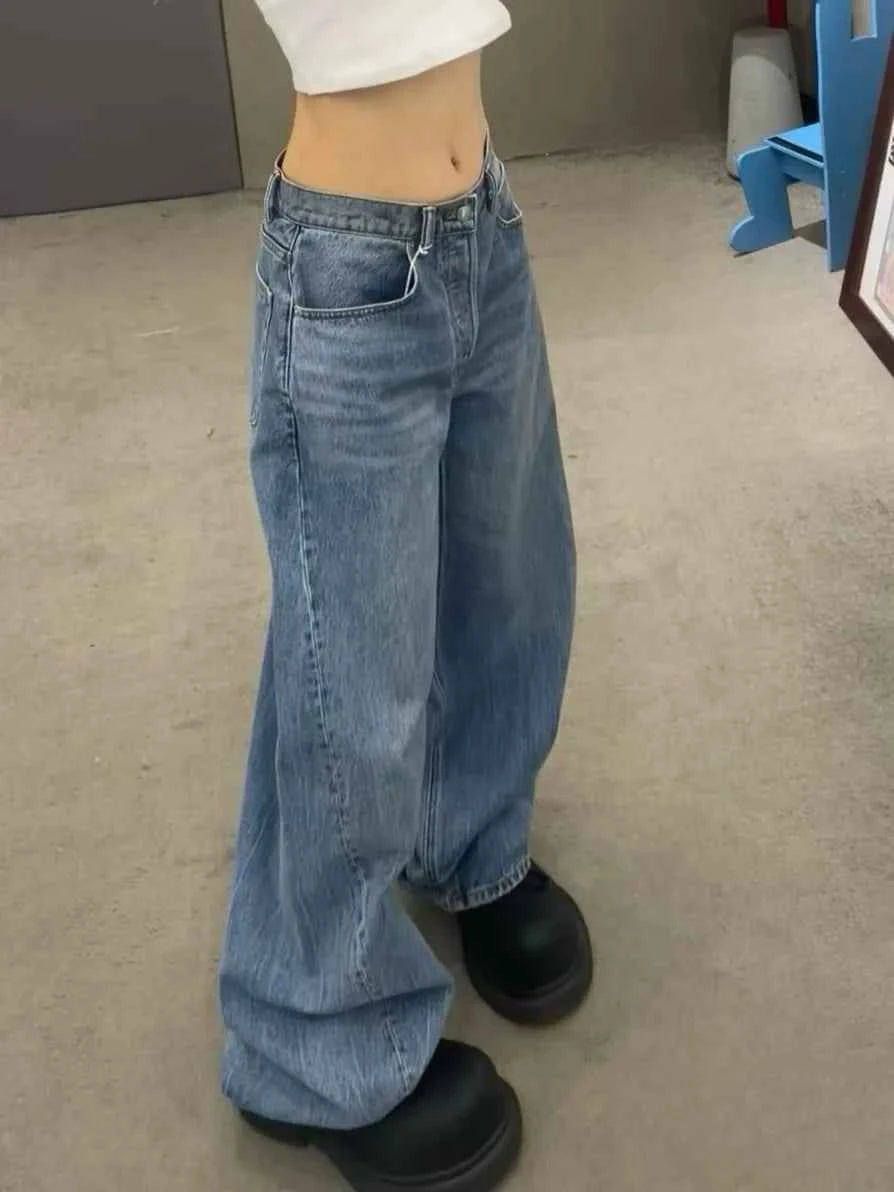 Gradient Spring 2025 Blue Jeans Women Y2K Vintage High Waisted Jeans Straight Streetwear Loose Large Wide Leg Denim Pants