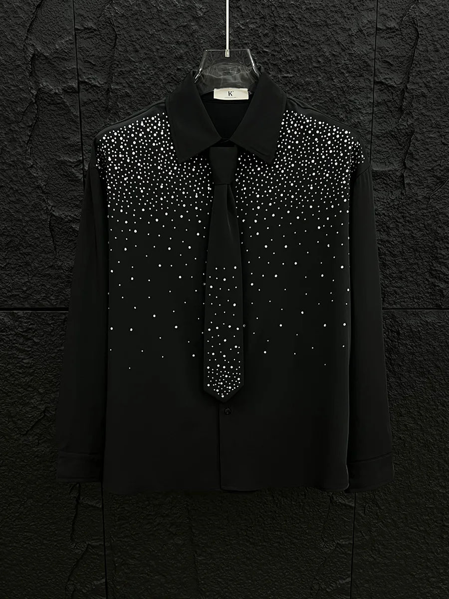 Men's 2025 Spring Summer New High-End Tops Fashion Rhinestone Long Sleeve Solid Color Shirts Men's Trendy Loose Comfort Shirts