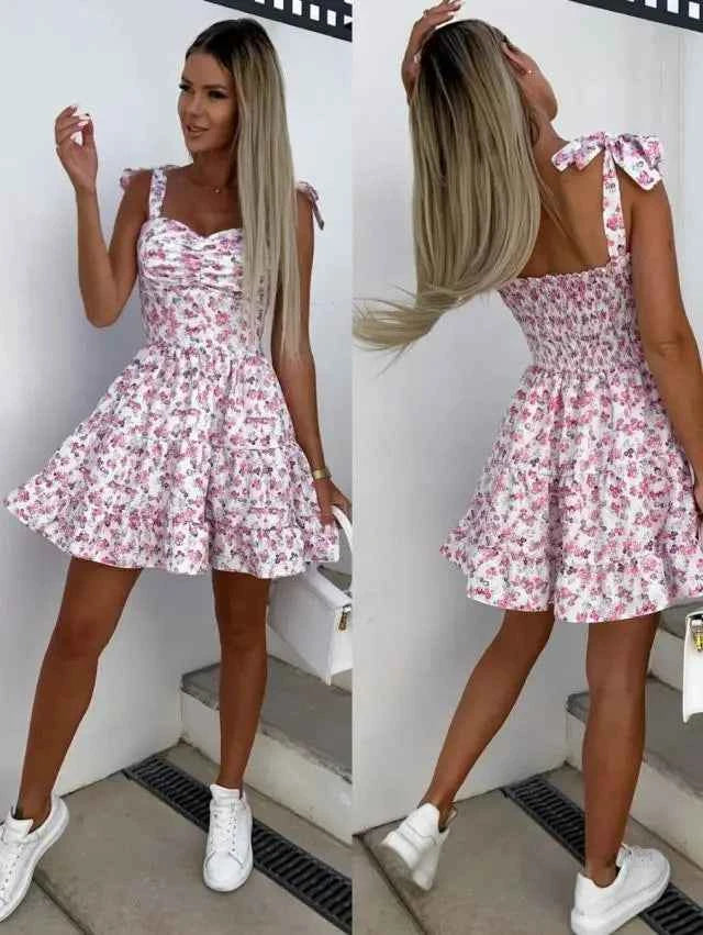 Summer Fashion Flower Print Waist Pleated Dress For Women Y2k Casual Vacation Beach Sundress Spaghetti Strap Mini Dress Female