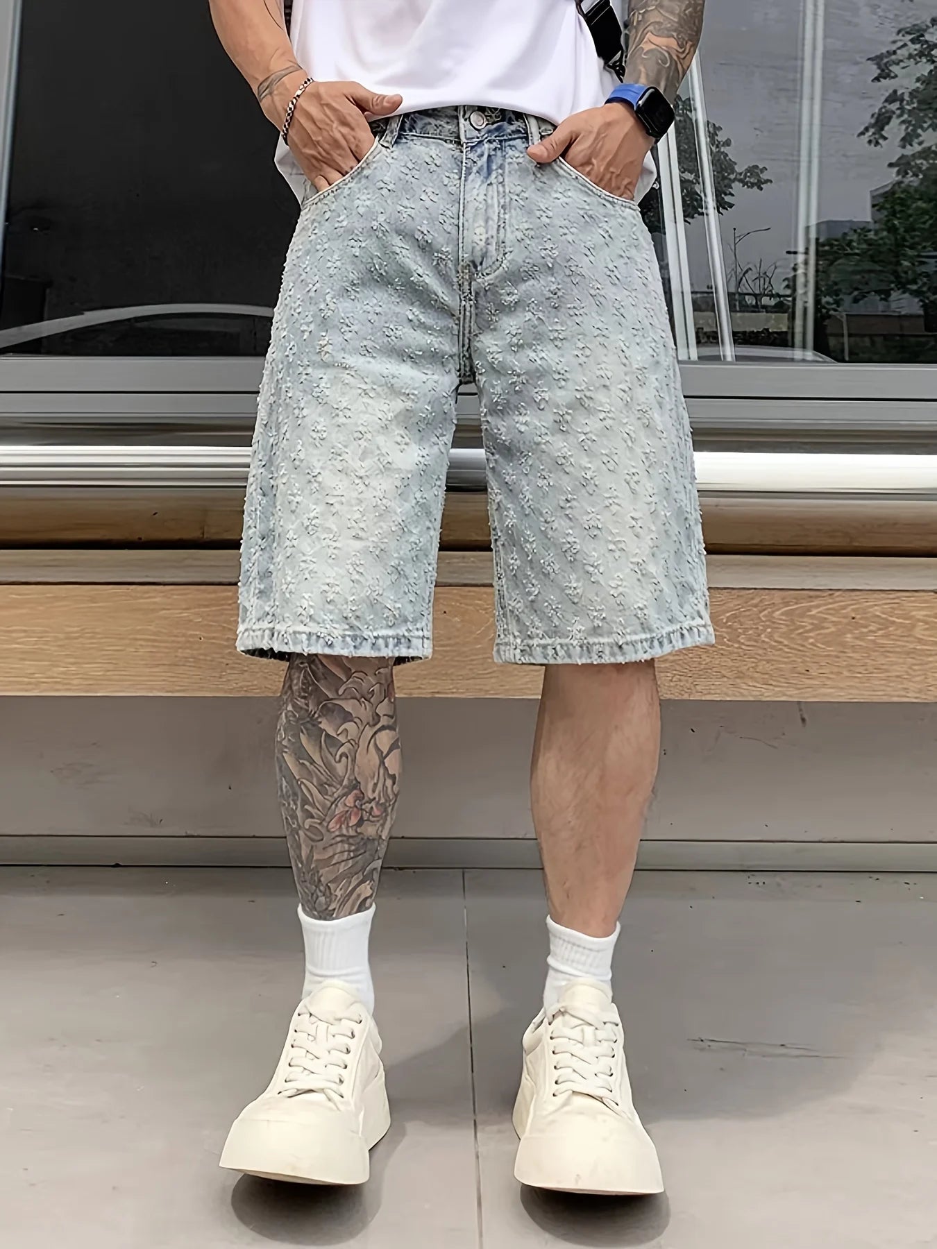 High Street Trendy Ripped Denim Shorts for Men, Plus Size, American Style, Loose Straight-Leg Washed Denim Shorts for Summer