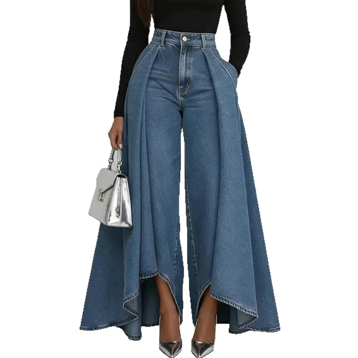 Women's High Waisted Wide Leg Jeans Overlay Flare Denim Pants With Pockets For Female High Street Elegant Fashionable Long Jeans