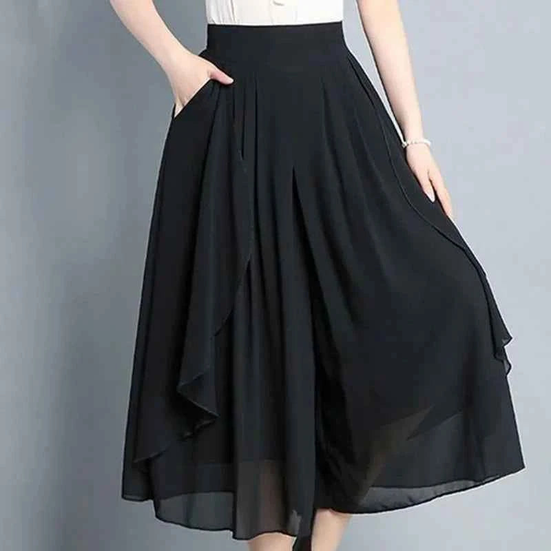 Elegant Solid Color Loose Elastic High Waist Folds Ruffles Capris Women's New Office Lady Commute Irregular Casual Pants