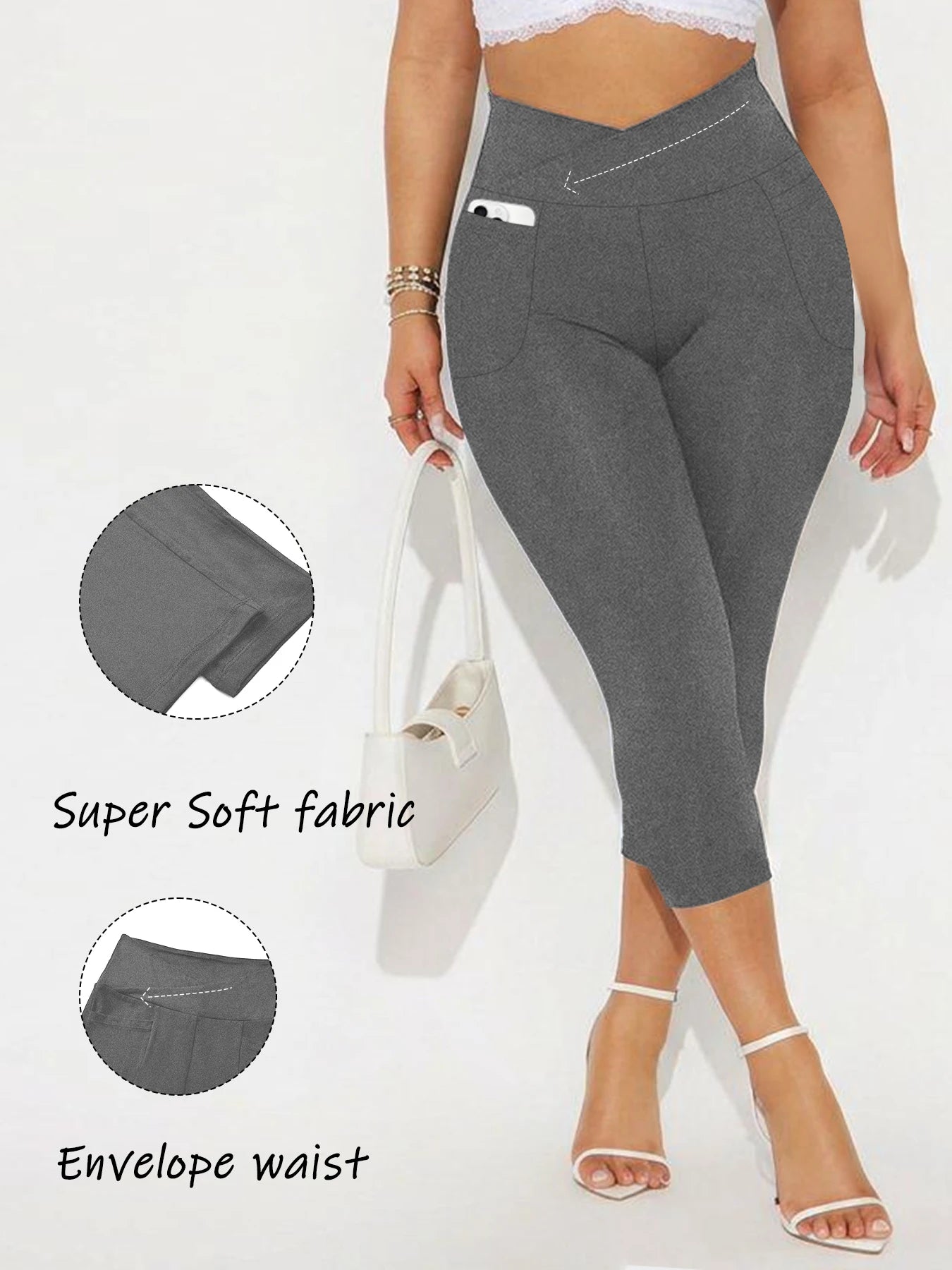 Women's Super Soft Crossover High Waisted Capri Pants With Pockets Tummy Control No See Through Workout Yoga Running Leggings