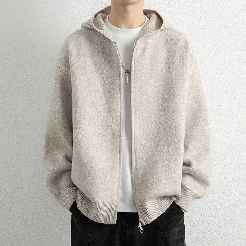 Legible Autumn Winter Casual Sweaters Men Solid Color Hooded Sweatercoats Male Loose Zip-up Knitted Cardigan Man