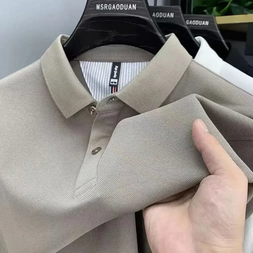 High-end cotton Polo shirt for men, new style for spring and autumn, long-sleeved, pure color, thickened