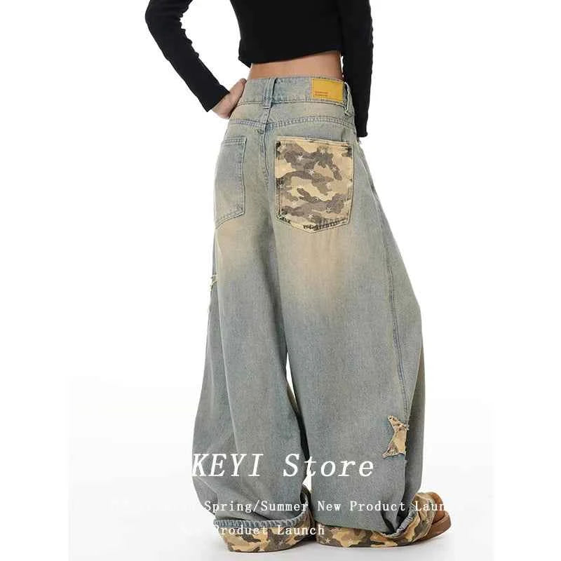 American Retro Y2K Style Star Patchwork Baggy Women's Jeans Pants Clothing Washed Blue Wide Leg Loose Denim Trousers