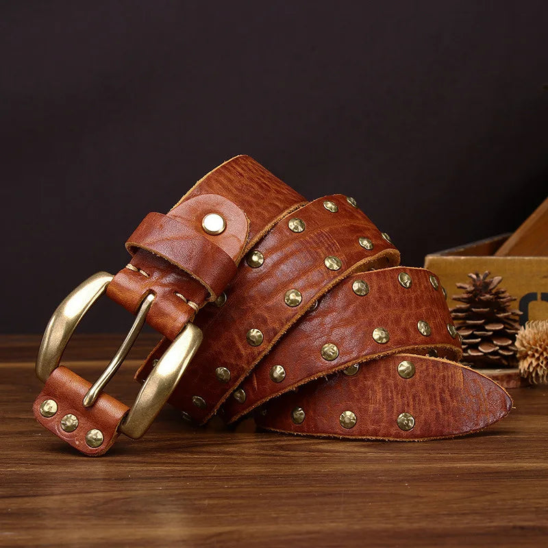 Punk Trend Rivet Men Belt Thicken Genuine Leather Brass Pin buckle Washed Retro Distressed Pure Cowhide Personalized Denim Belt