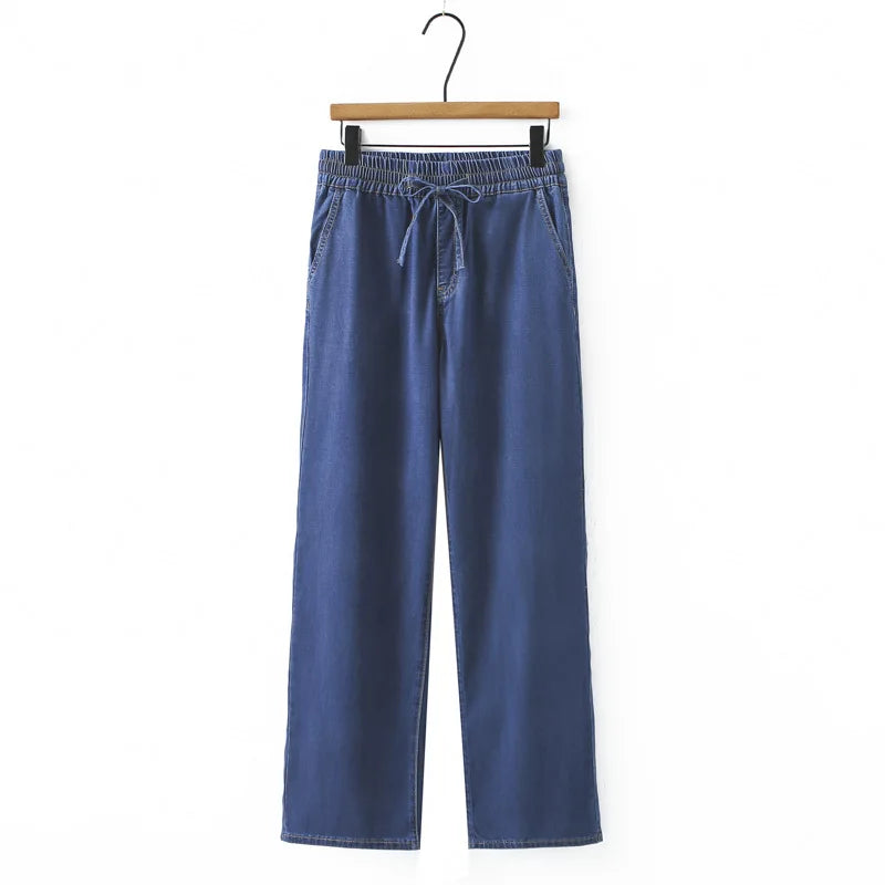 Summer 100KG Plus Size Thin Wide Leg Jeans Casual Premium Drawstring Elastic Waist Lyocell Denim Straight Pants For Women 9365