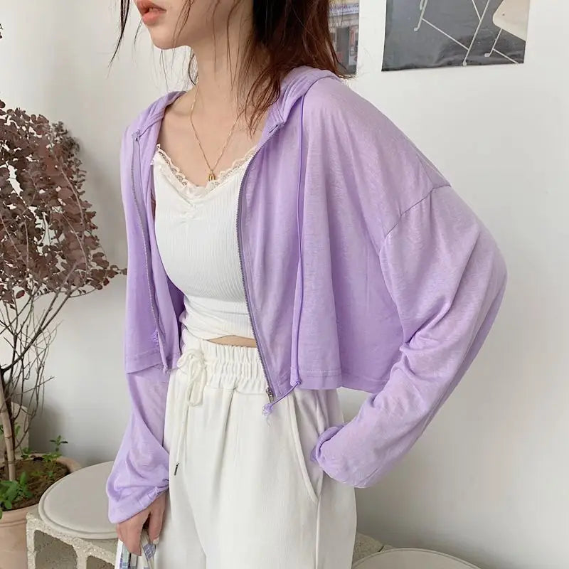Rimocy Solid Color Thin Hooded Cardigan Women 2024 Summer Zipper Up Crop Tops Woman All Match Long Sleeve Cropped Jacket Ladies