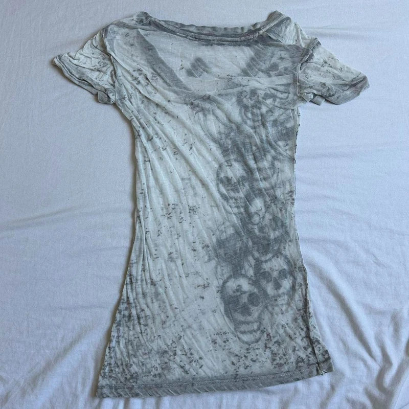 Graphic Tie Dye V Neck Crop Tops Y2K E-girl Gothic Grunge Skull Print Tshirt 2000s Retro Emo Short Sleeve Slim Fit Tees Clothes
