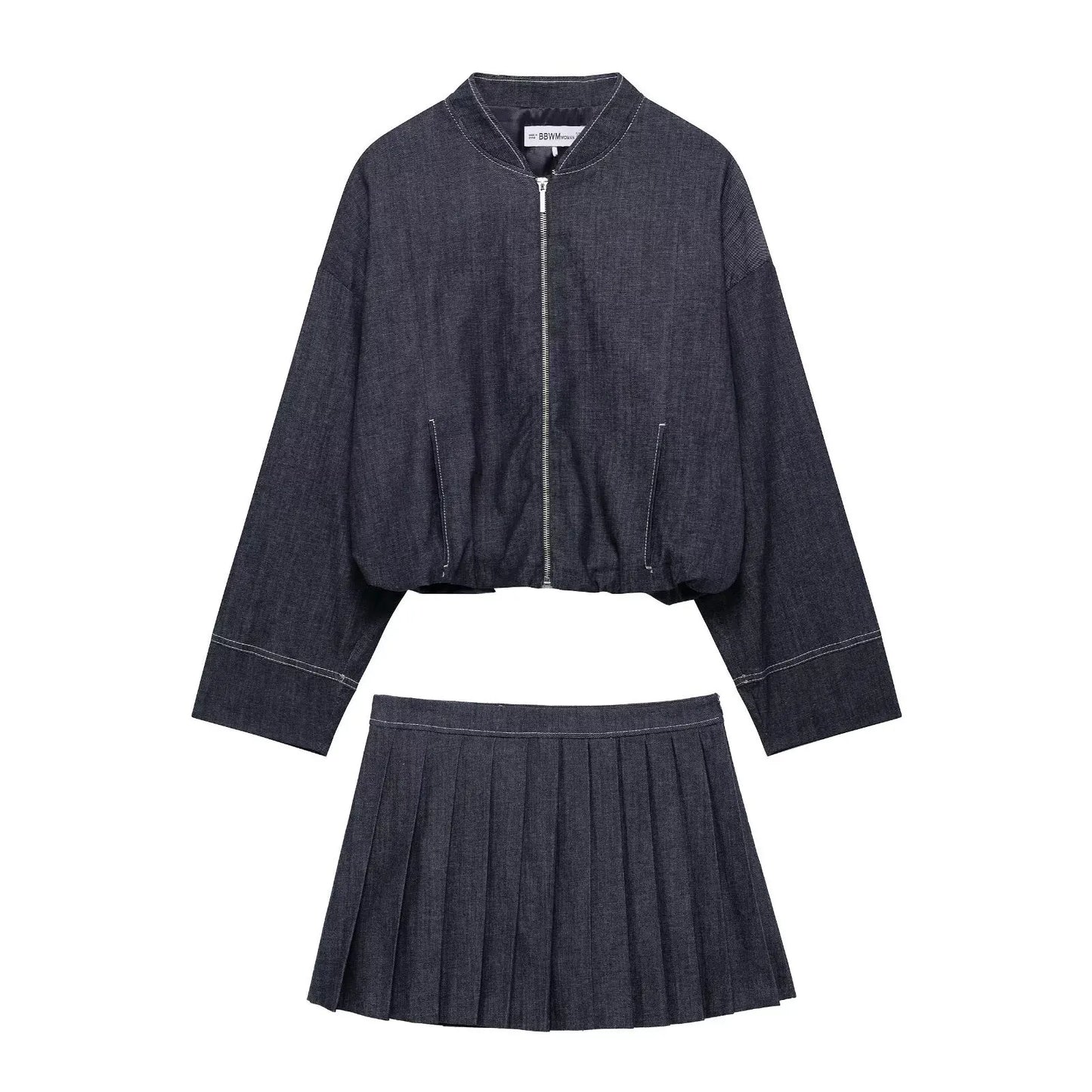 HH New Street Fashion Denim Bomber Jacket For Women Solid Color Stand Collar Zipper With Pocket Balloon Style Causal Coats