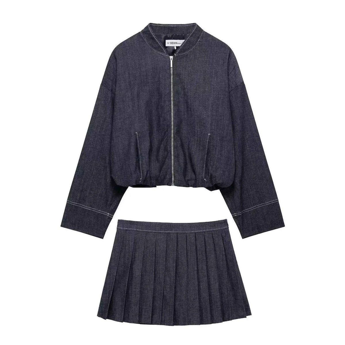 HH New Street Fashion Denim Bomber Jacket For Women Solid Color Stand Collar Zipper With Pocket Balloon Style Causal Coats