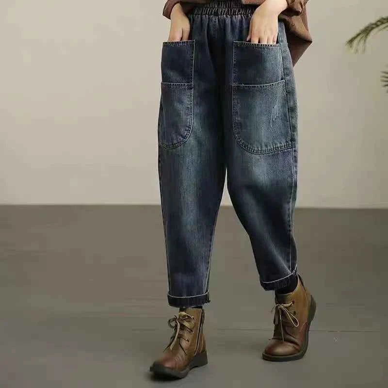 Spring Autumn New Women's Jeans Elastic Waist Loose Fit Slimming Casual