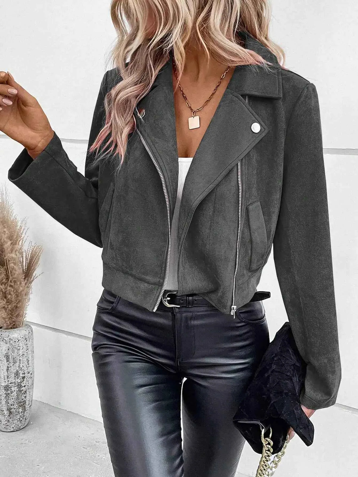 Faux Suede Women Jakcet Zipper Fly Lapel Buttons Motorcycle Jacket Leather Jacket Windproof High Street Biker Jacket Cardigan