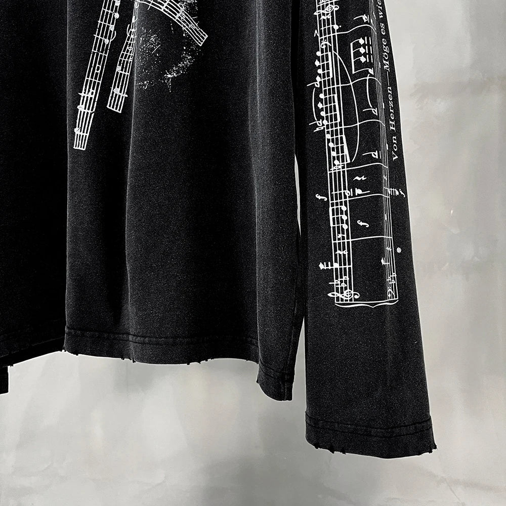 Gothic Print Oversized Y2k T-shirt Men Clothing Distressed Ripped Graphic T Shirts Vintage Punk Man Tops Long Sleeve Cotton Tees