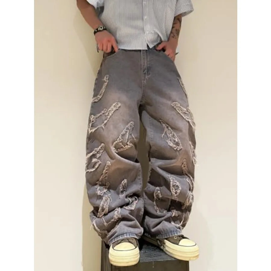 Men's Baggy Jeans Patchwork Embroidery Jeans Fringe Frayed Edges Wide Leg Denim Pants