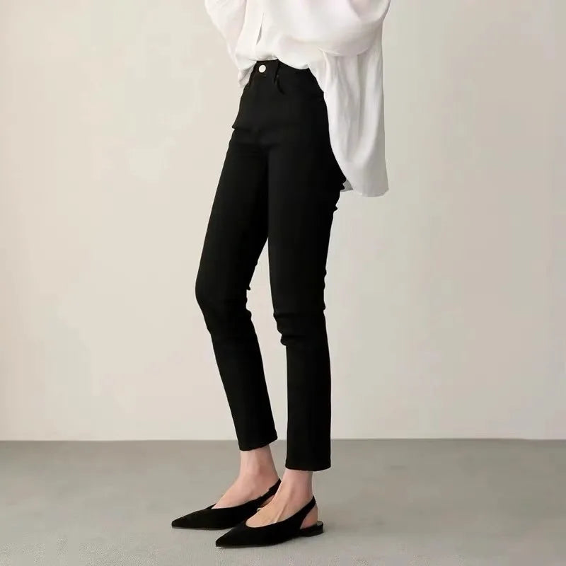 High Waist Straight Leg Jeans Women's ort Stature 50cm Slim Elastic Nine-Tenths e Tube Pants Spring Summer Apricot