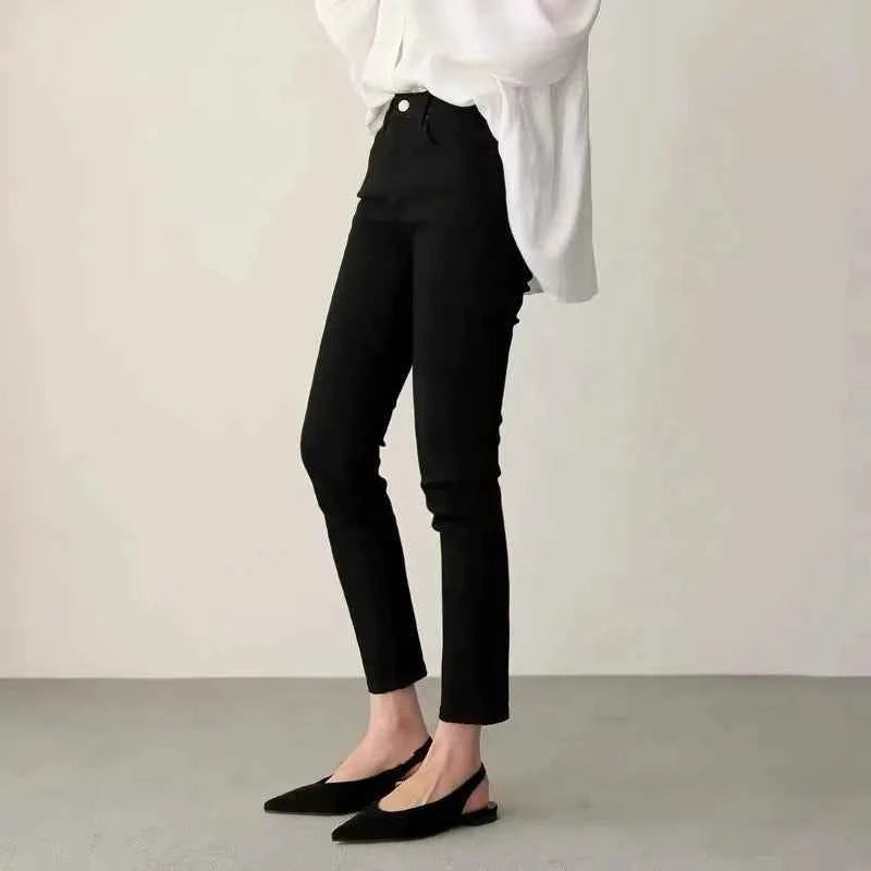 High Waist Straight Leg Jeans Women's ort Stature 50cm Slim Elastic Nine-Tenths e Tube Pants Spring Summer Apricot