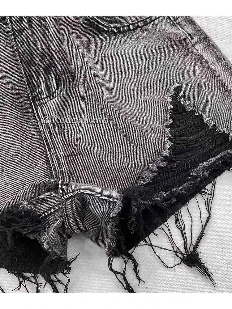 REDDACHiC 2000s Distressed Women Denim Shorts Destroyed Black Frayed High Waist Short Pants Trendy Summer Punk Grunge Streetwear