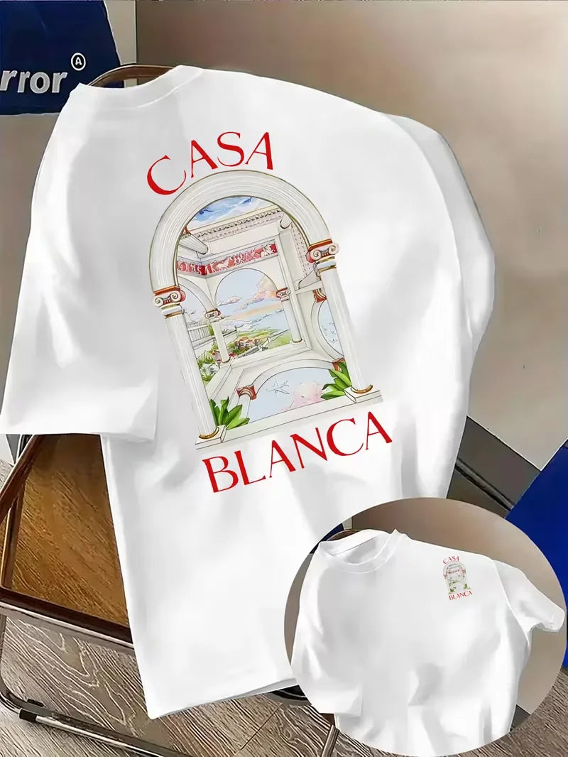 Casablanca Aesthetic Y2K Architectural Graphic Unisex Casual Round Neck Short Sleeve Summer Neutral Streetwear T Shirt