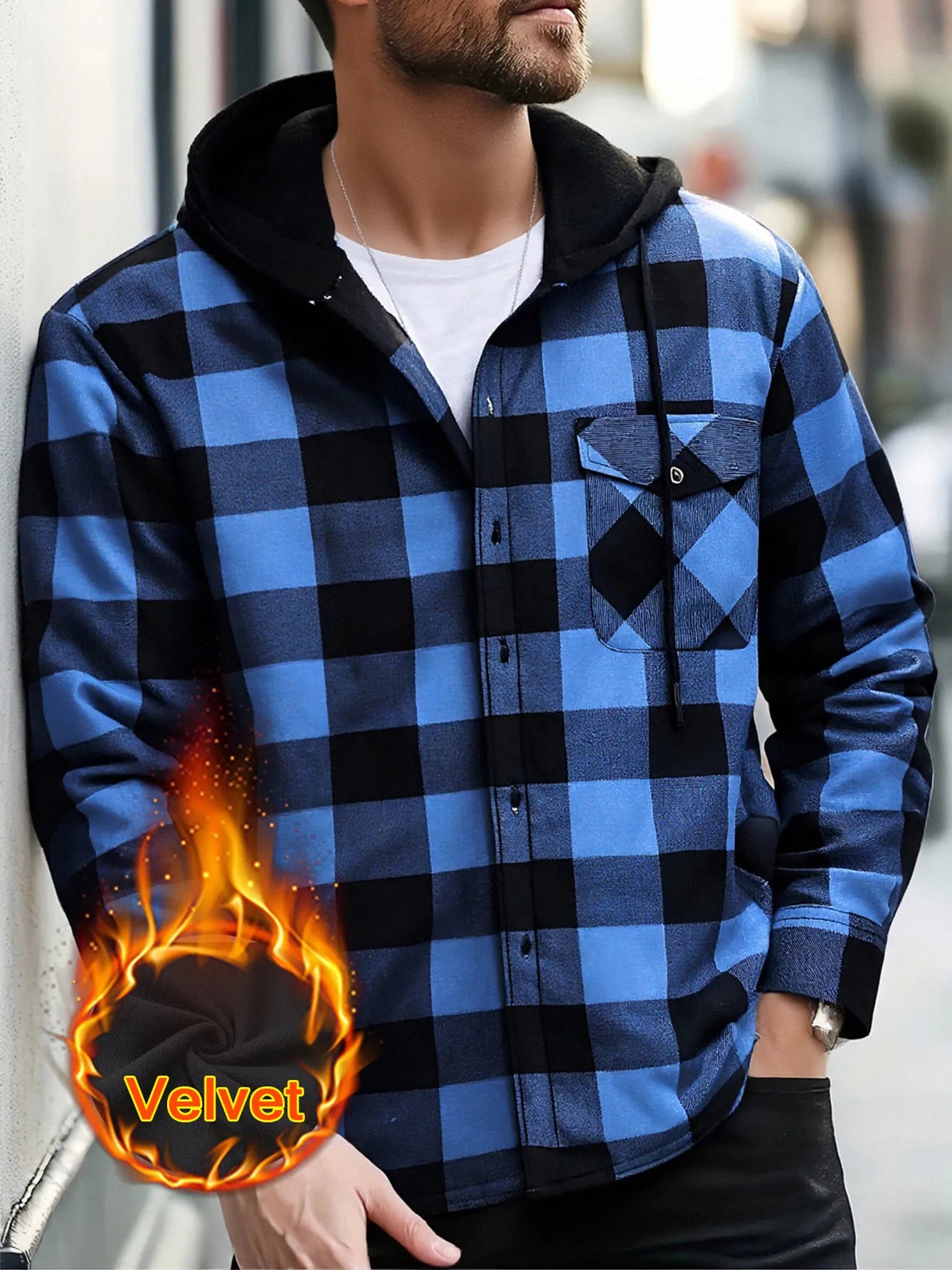 Men's Plaid Sherpa-Lined Hooded Jacket, 2025 New Winter Warm Fleece Loose Fit Long Sleeve Coat, Casual Outdoor Zip Up