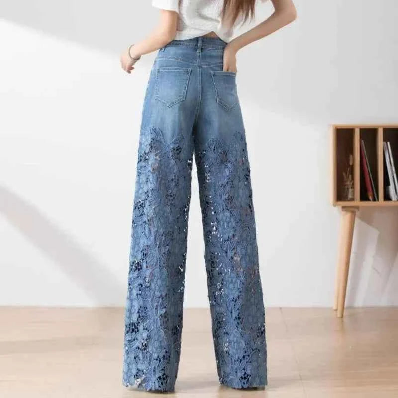 New Fashion Vintage Hollow Out Lace Flowers Lady Jeans Loose Straight Denim Pants High Street Elegant Summer Trousers Chic Pant