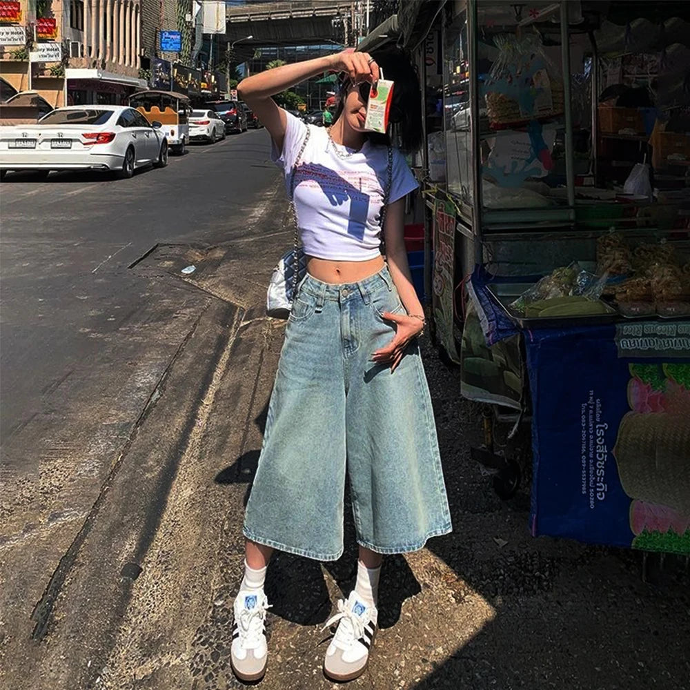 Summer American Style Vintage Women Baggy Jeans Y2k Loose Washed High Waist Knee Length Denim Pants Streetwear Wide Leg Shorts