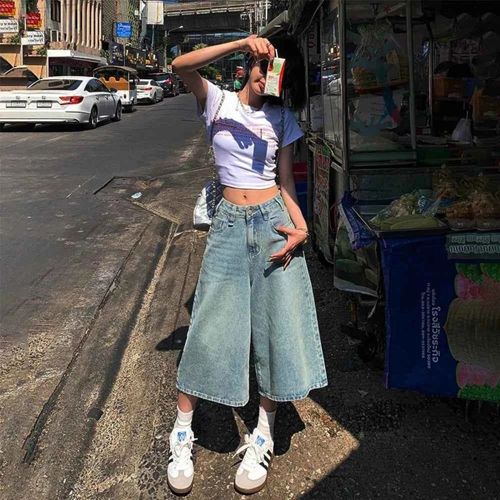 Summer American Style Vintage Women Baggy Jeans Y2k Loose Washed High Waist Knee Length Denim Pants Streetwear Wide Leg Shorts