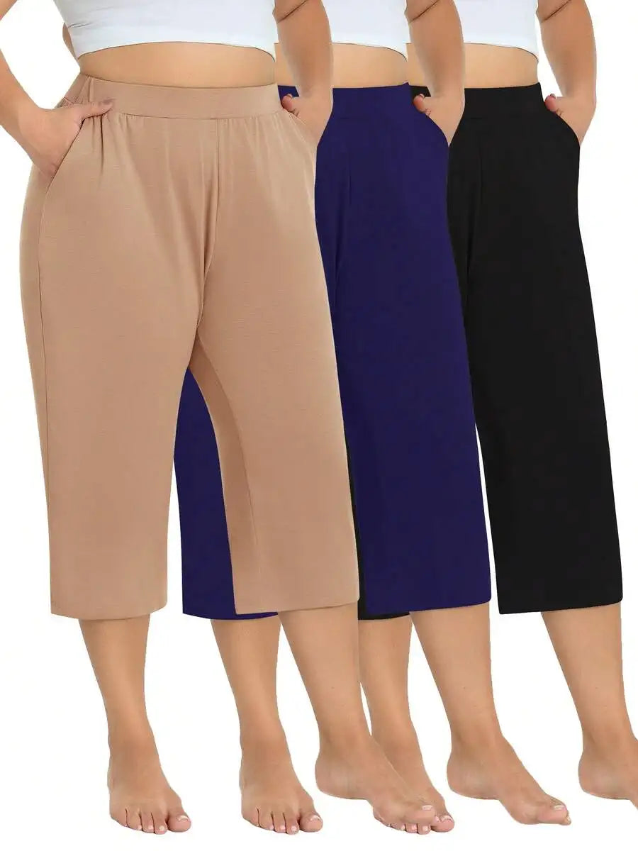 3 Pack Women's Plus Size Capri Sweatpants - Loose Cropped Yoga Lounge Pajama Pants With Pockets For Summer Light Gray + Dark