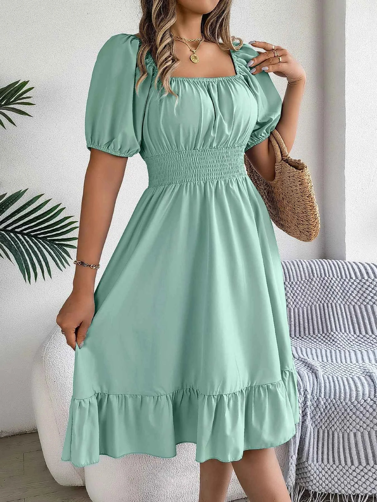 Spring Summer Elegant High Waisted Dress Square Neck Short Sleeved Ruffled Edge Long Dresses 2026 Valentine's Day Woman Clothing