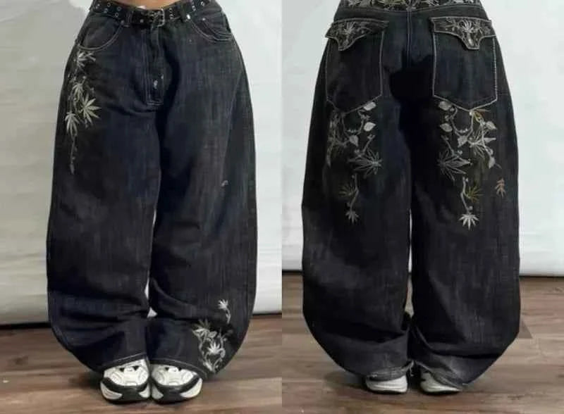 American Vintage Hip Hop New Blue Washed Pattern Printed Baggy Jeans Female