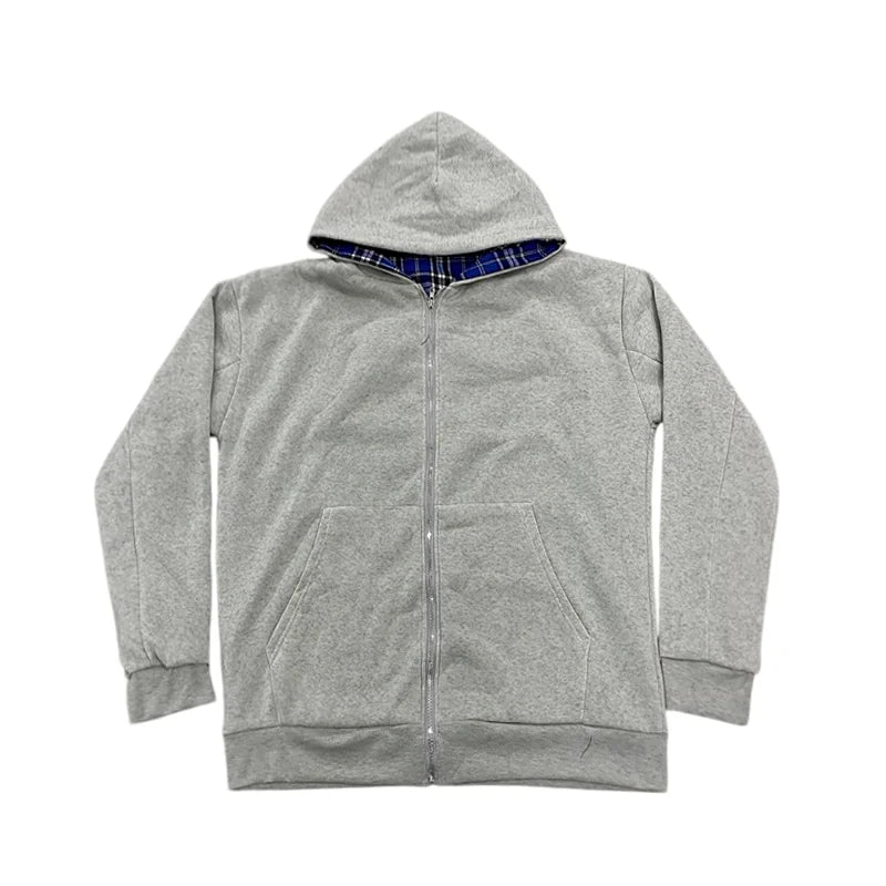 Autumn new hoodie with plaid lining and zipper cardigan, double-sided hoodie, street original style jacket for men