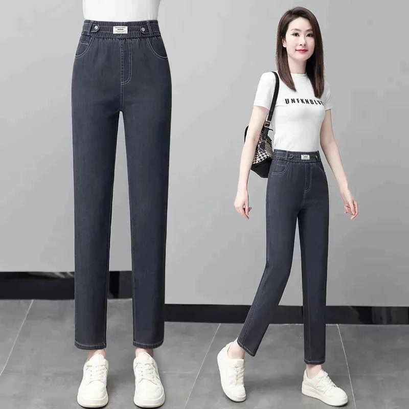 Ice Silk Jeans Women Summer Thin Blue Denim Trousers New Elastic High Waist Straight Extend Pantalons Female Ankle-Length Pants