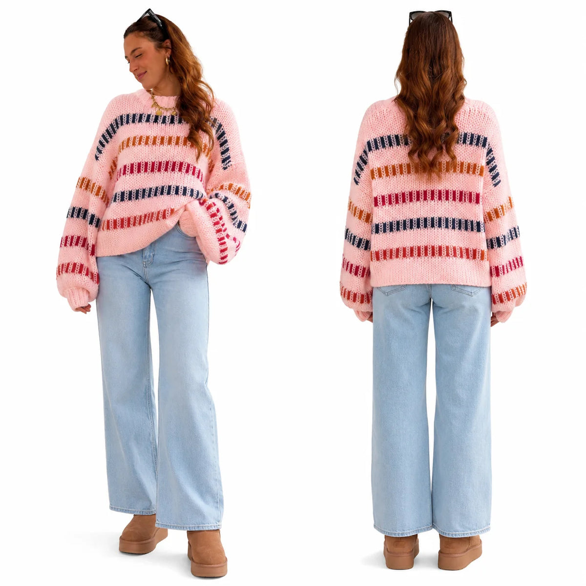 Vibrant Color Block Stripe Chunky Knit Sweater for Women, Oversized Crew Neck Long Balloon Sleeve Loose Pullover Jumper,