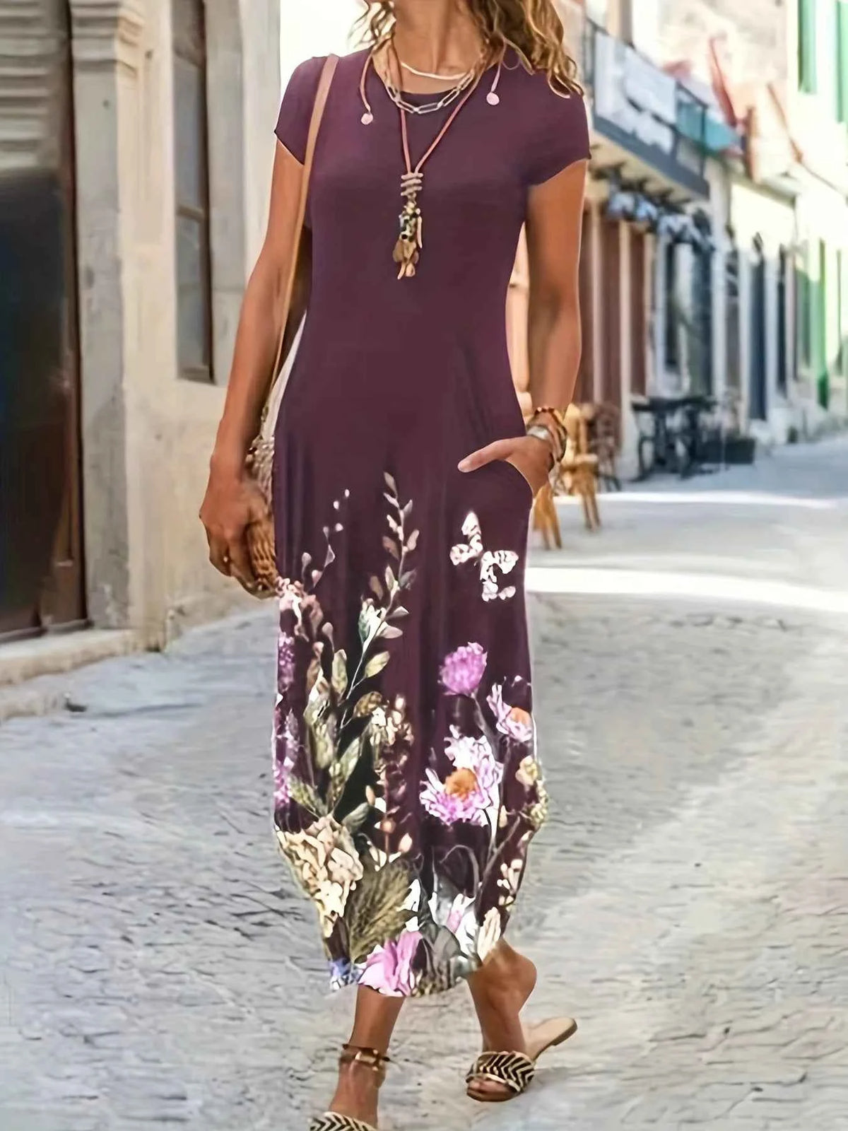 Women's Summer New Casual Fashion Printed Pocket Dress Women's Mid length Dress