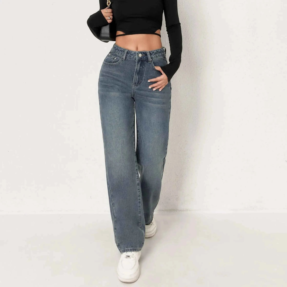 Trendy Wide Leg Distressed Straight Jeans for Women Elastic Casual Bootcut Denim Pants Bestseller Fashionable Ladies Jeans