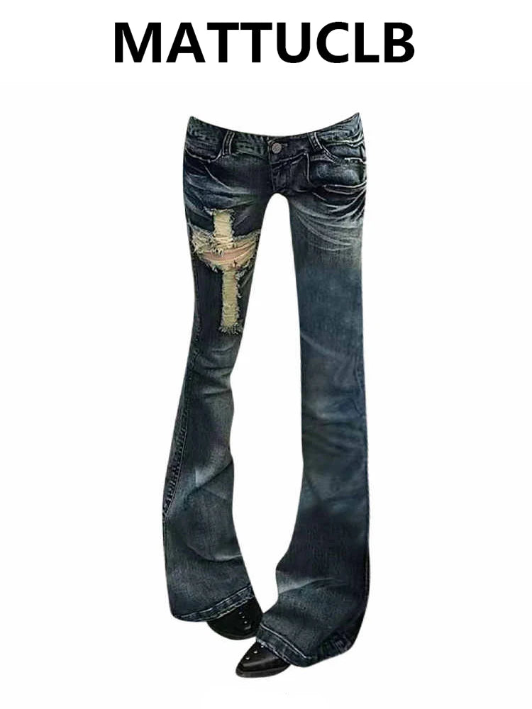 Women's Ripped Denim Pants Korean 2000s American Retro Skinny Abi Low Rise Flare Jeans Skinny Long Trousers